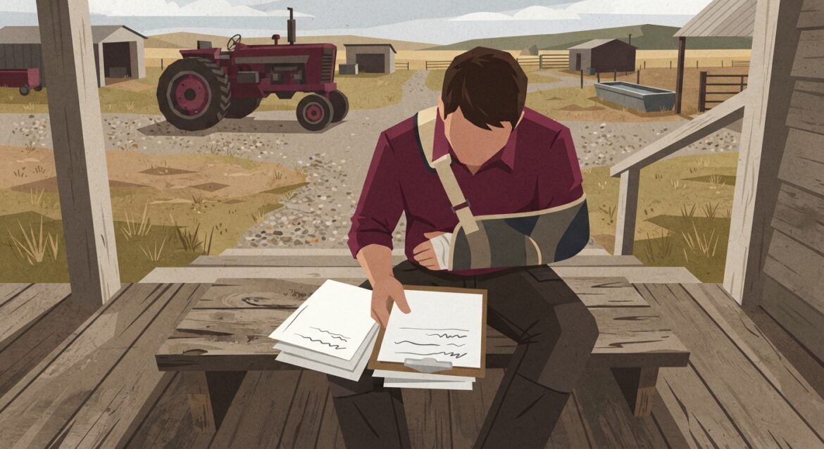 A rancher with a shoulder brace sitting on a porch step, looking at paperwork with a tractor visible in the background