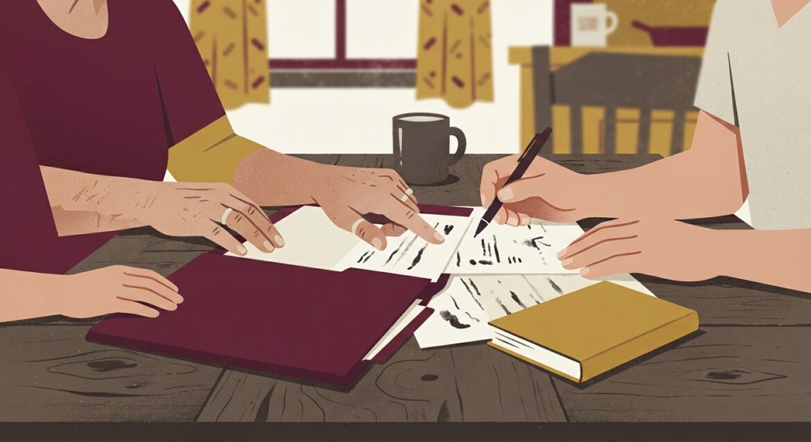 Three generations of a farming family reviewing paperwork at a wooden kitchen table with a local bank folder