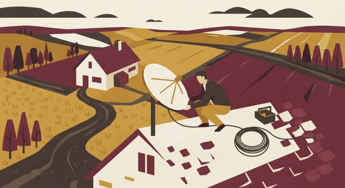 A satellite internet dish being installed on a rural rooftop with farmland in the background