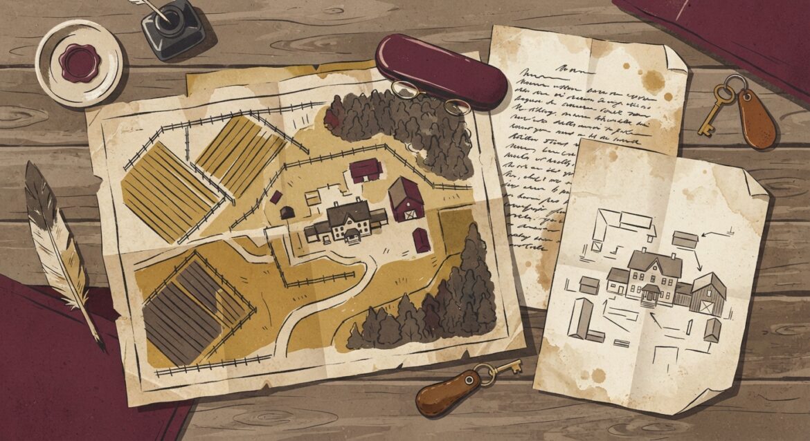 An old farmhouse and land deed documents spread on a kitchen table