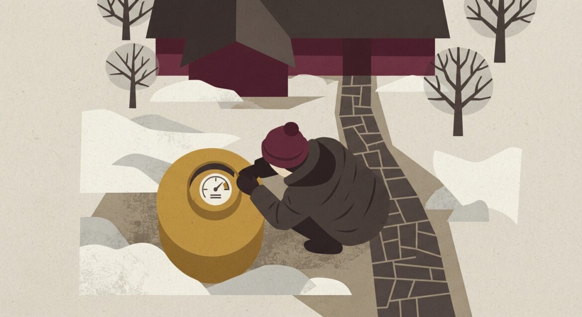 A rural homeowner checking a propane tank gauge outside a farmhouse in winter