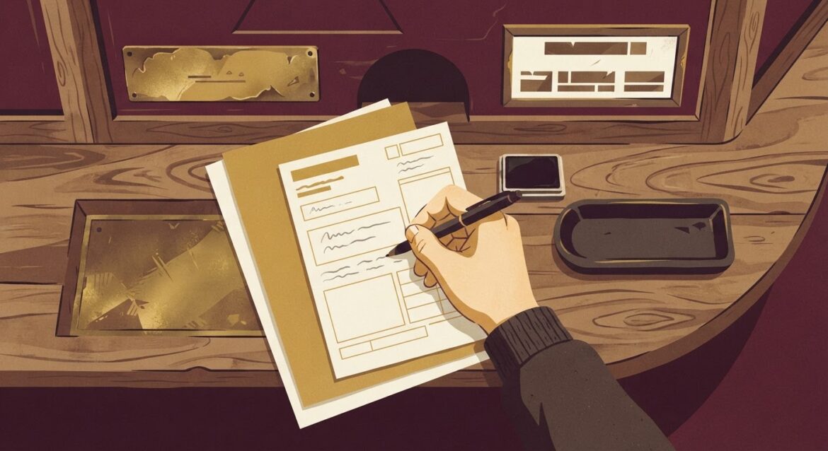 A hand filling out a money order at a small-town post office counter