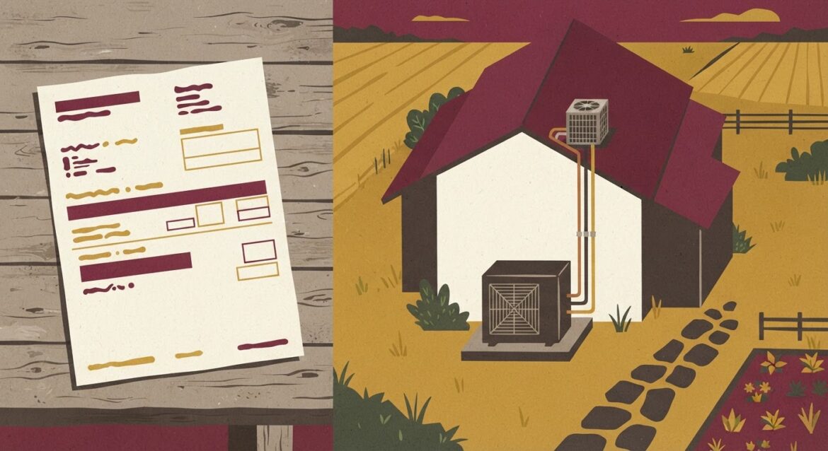 A rural electric cooperative bill and a heat pump installation outside a farmhouse