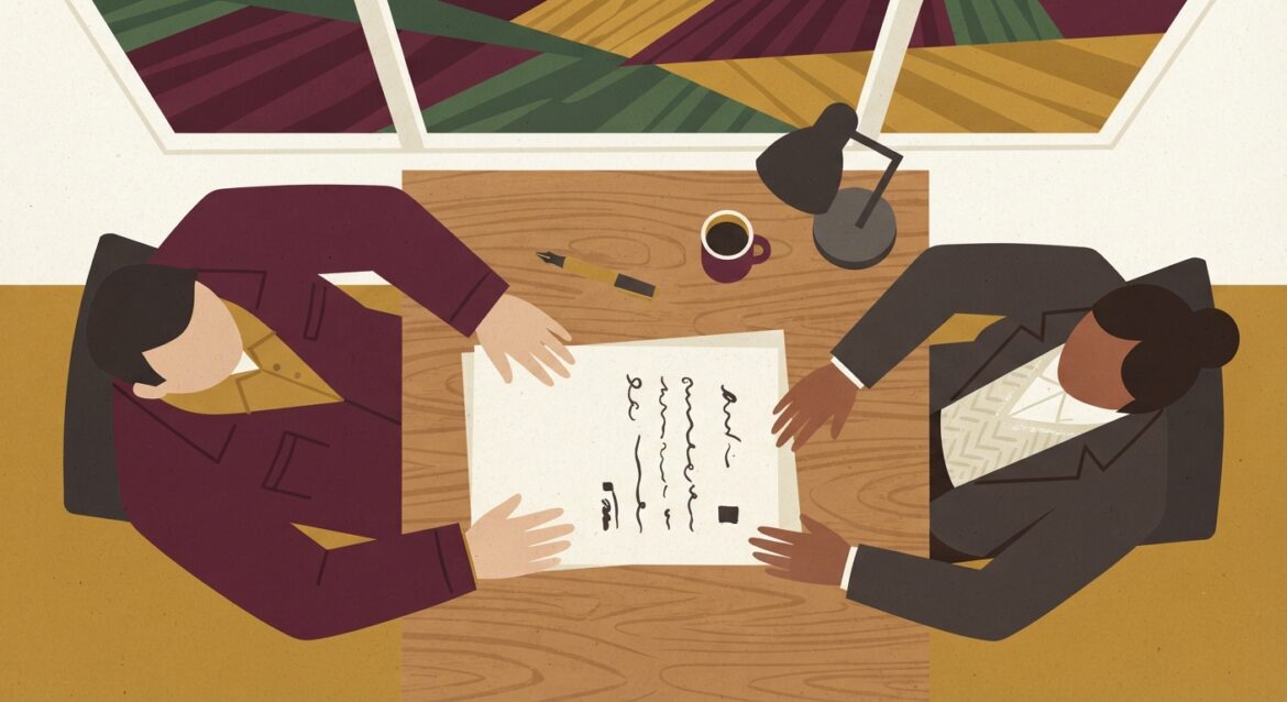 A farmer and a local banker reviewing a loan document at a desk with a field visible through the window behind them