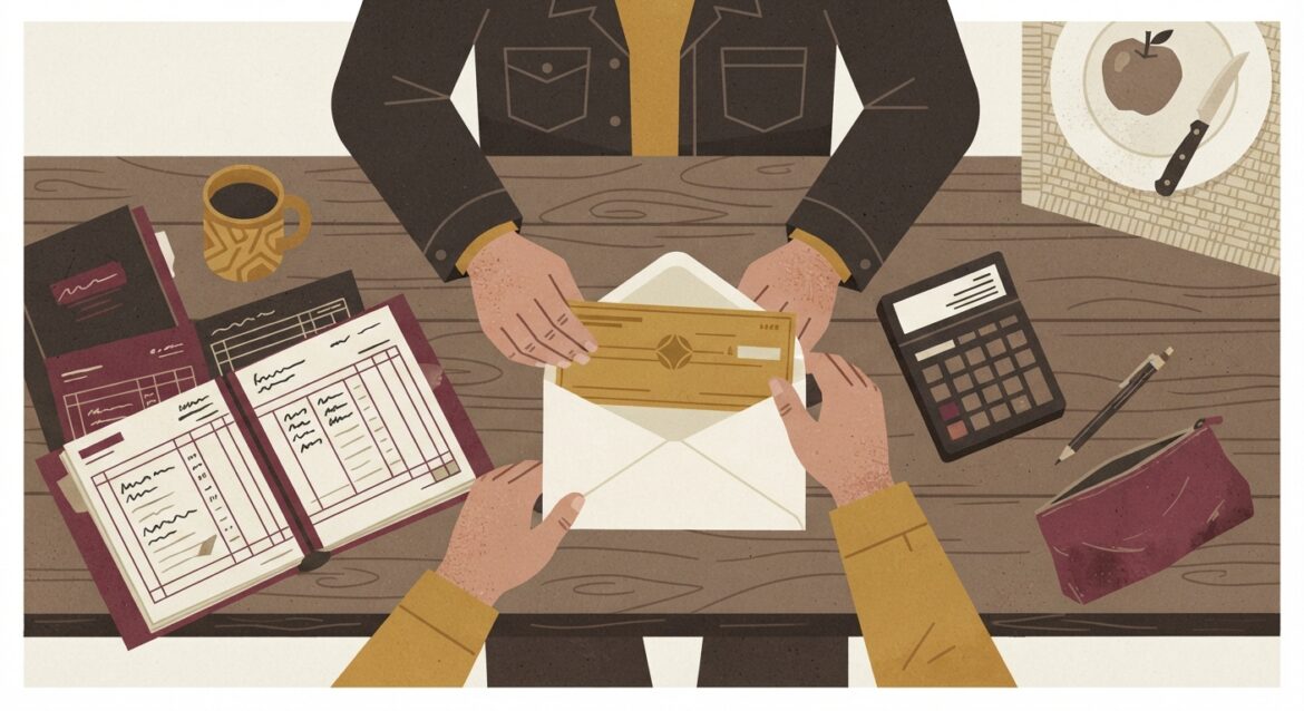 A farmer opening a co-op dividend check at a kitchen table with ledgers and a calculator nearby