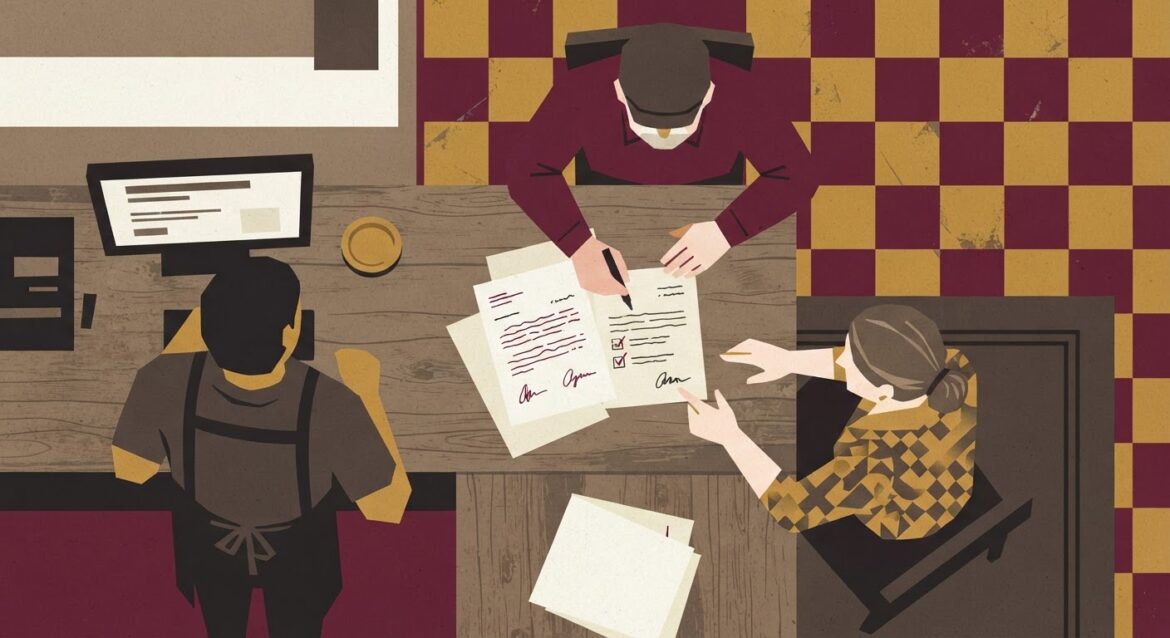 An older rural couple reviewing paperwork with a bank teller at a small-town bank counter
