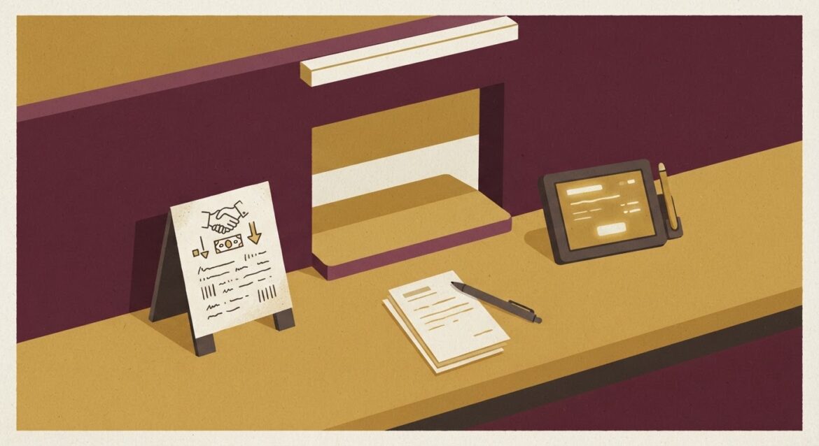 a small-town credit union teller window with a handwritten sign about short-term loans