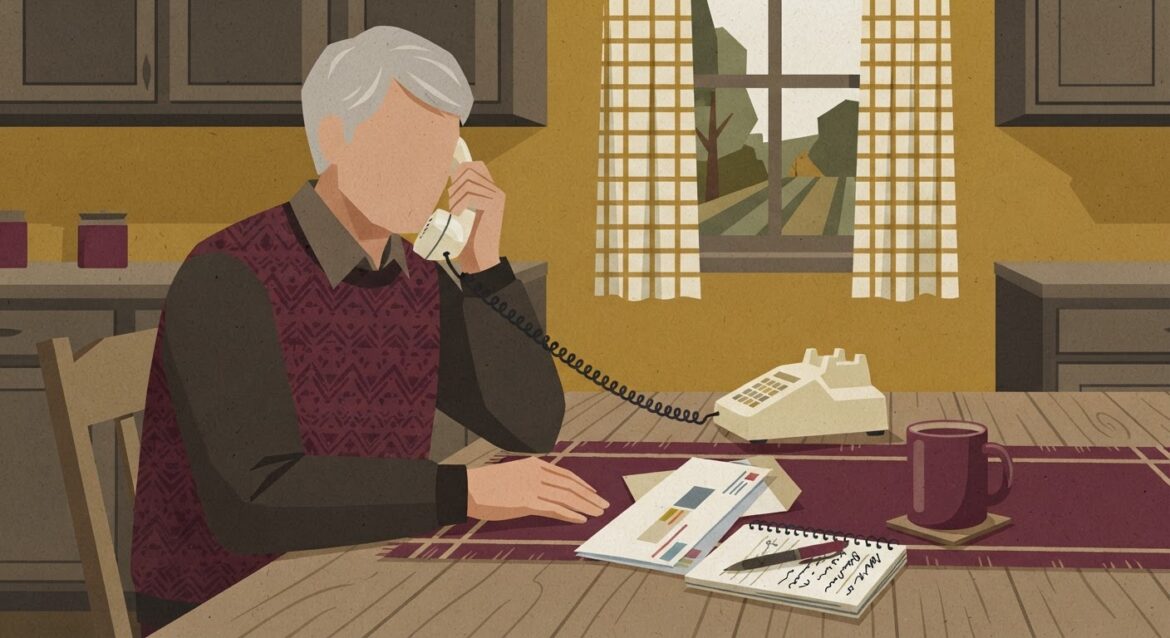 An older rural resident on a landline phone at a kitchen table with a bank statement and notepad nearby