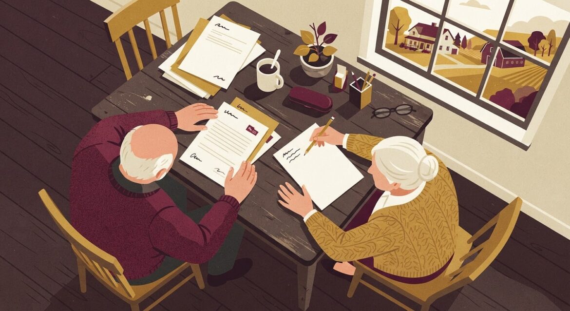 An elderly rural couple reviewing paperwork at their kitchen table with a farmhouse visible through the window