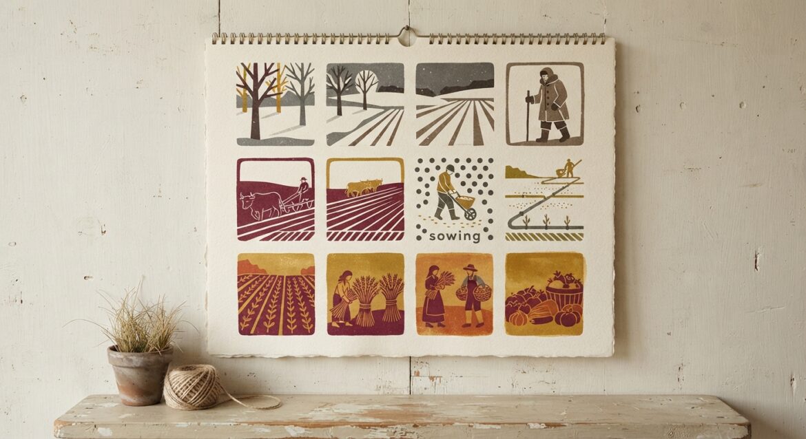 A rural worker's wall calendar marked with different colored jobs across the seasons - plowing, guiding, harvest
