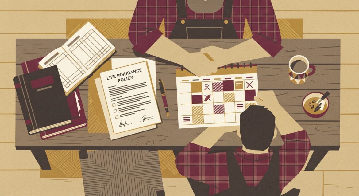 A farmer sitting at a kitchen table reviewing a life insurance policy alongside farm ledgers and a calendar marked with harvest dates