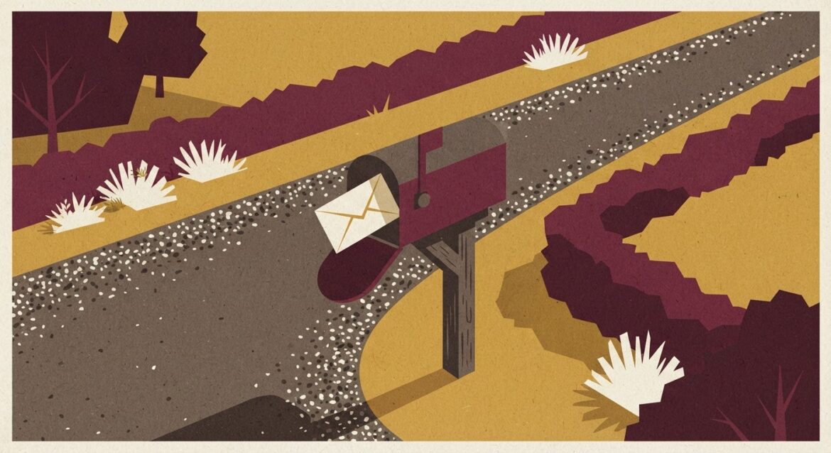 a rural mailbox on a gravel road with an envelope half-inserted, morning light