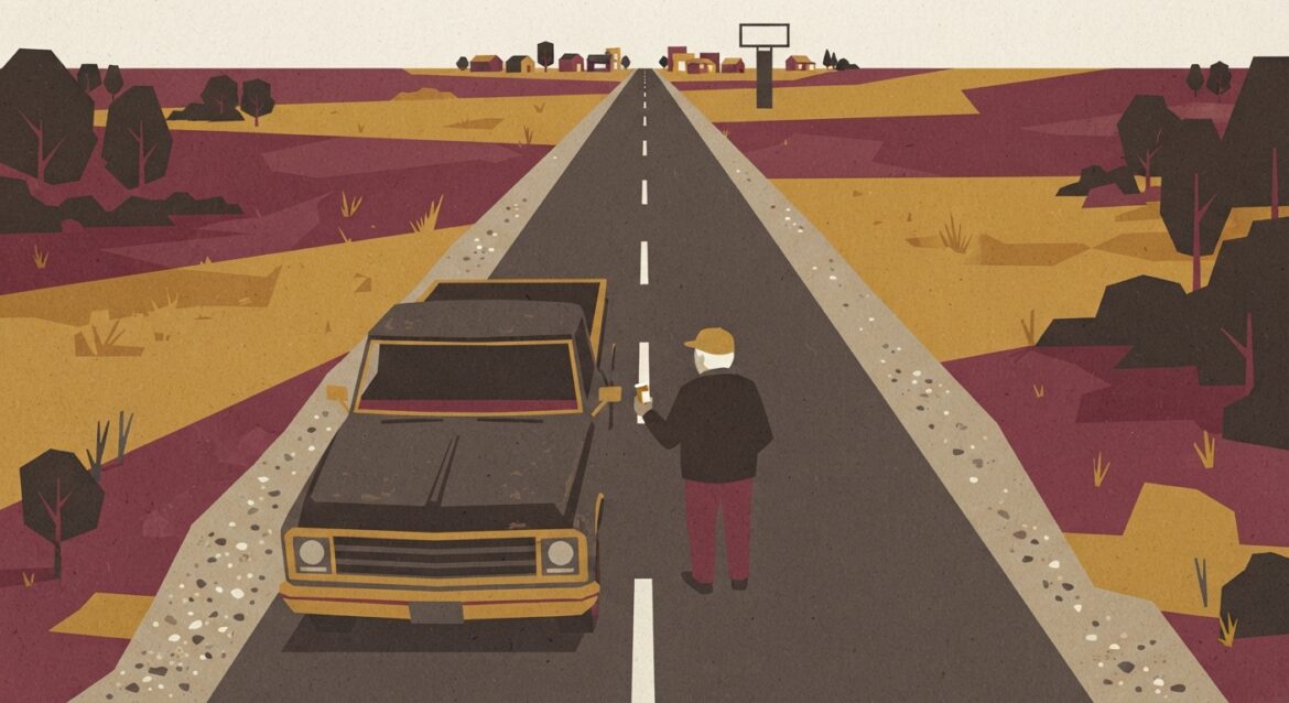 An elderly rural resident holding a prescription bottle beside a truck on a long empty country highway, with a small-town pharmacy sign visible far in the distance